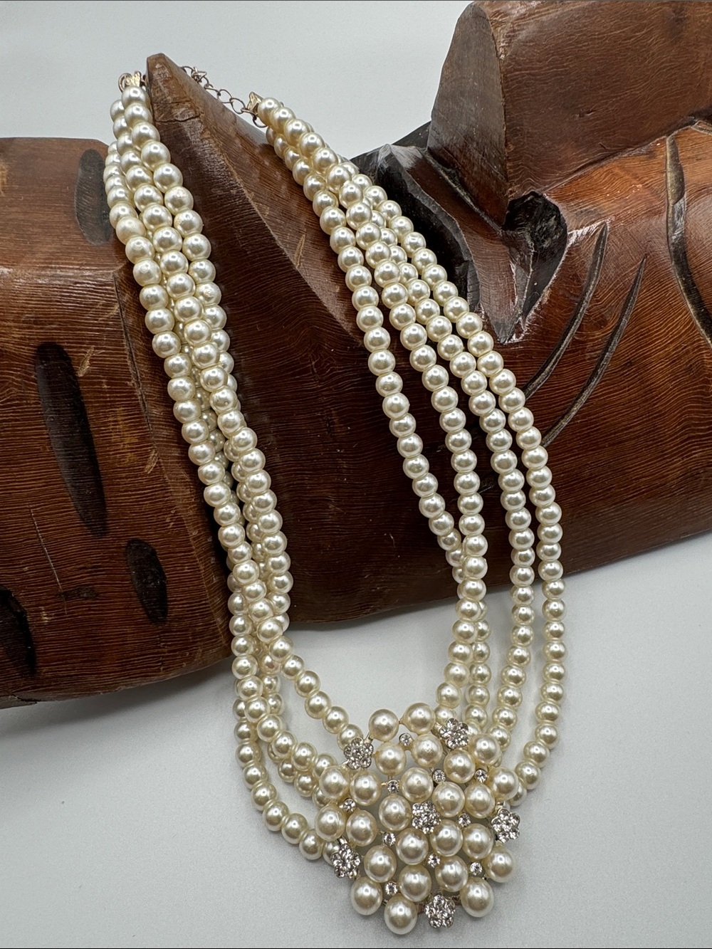Cream Pearl Multi-Strand Cluster Statement Necklace Rhinestone Bridal